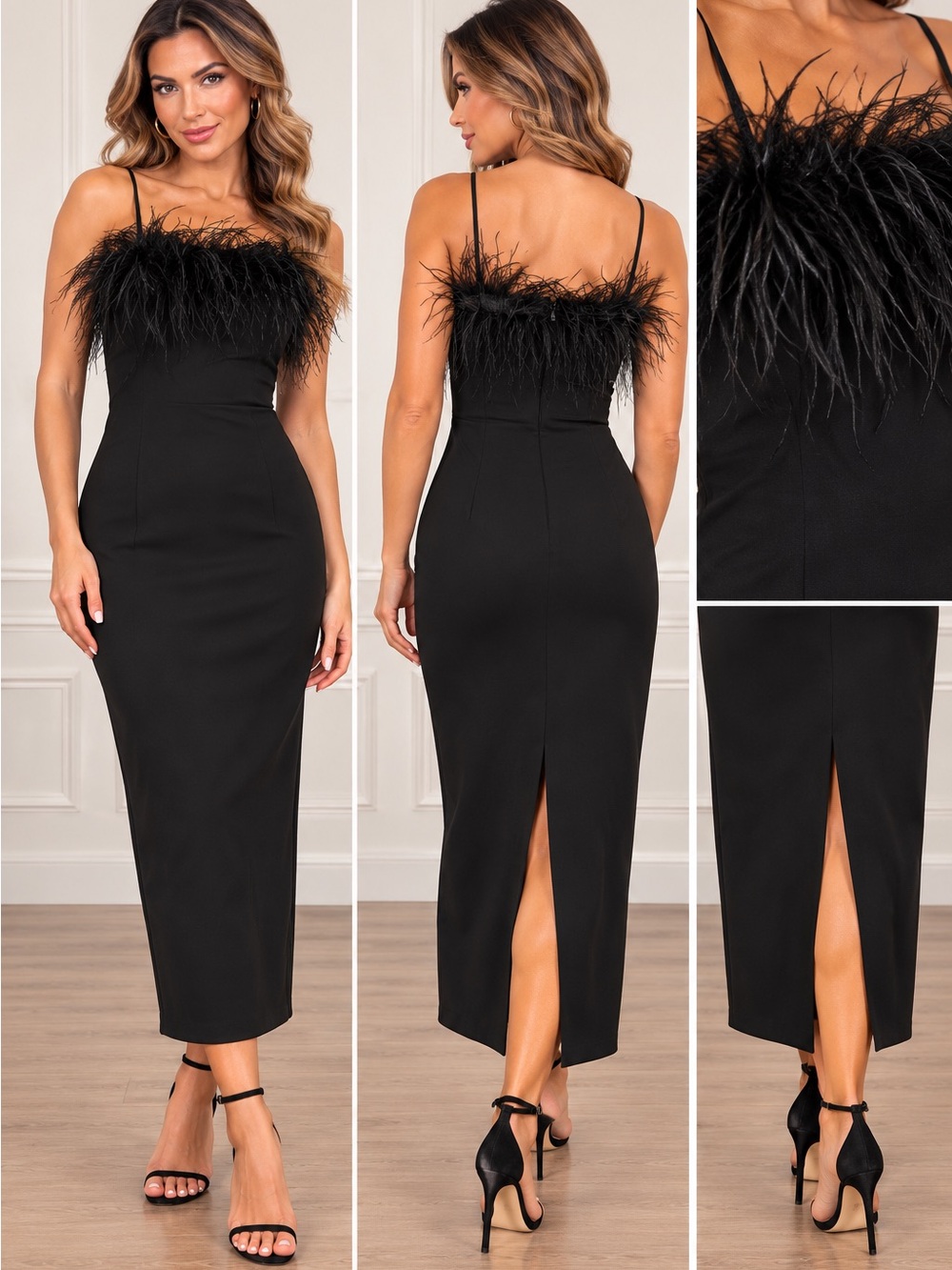 Feather-Trim Black Midi Dress with Spaghetti Straps